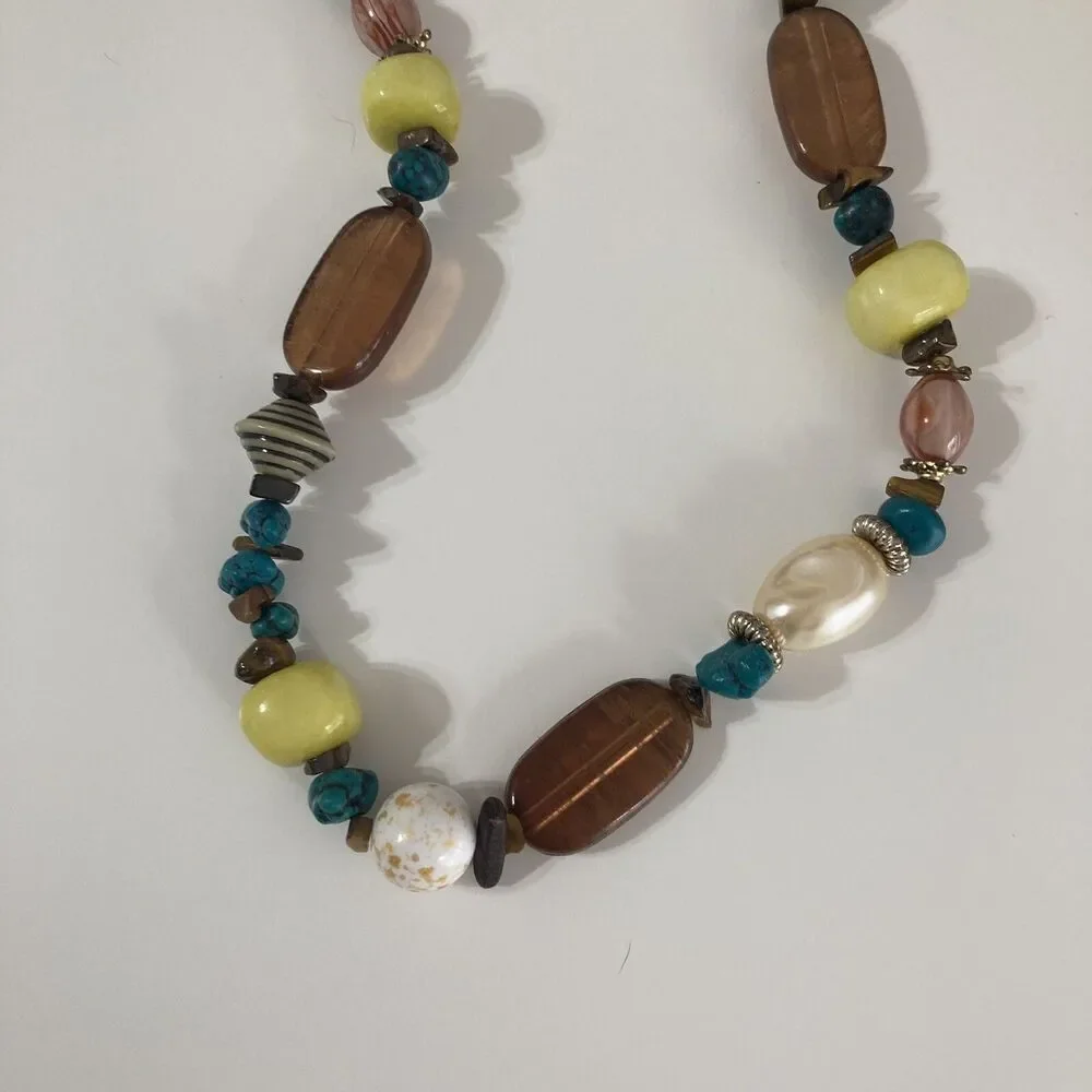 Brown Yellow Turquoise Faux Pearl Stone Gold Tone Mod Statement Beaded Necklace